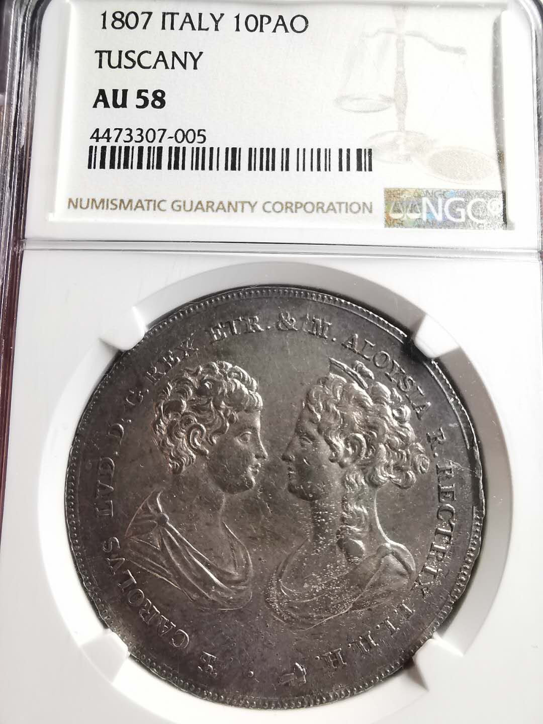 凡希社世界钱币微拍第一百五十六期 荐！1807托斯卡纳10PAO大银母与子NGC-AU58