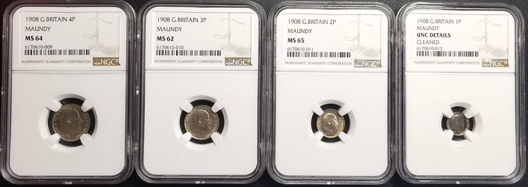 凡希社世界钱币微拍第一百五十六期 1908英国濯足四枚套NGC-MS