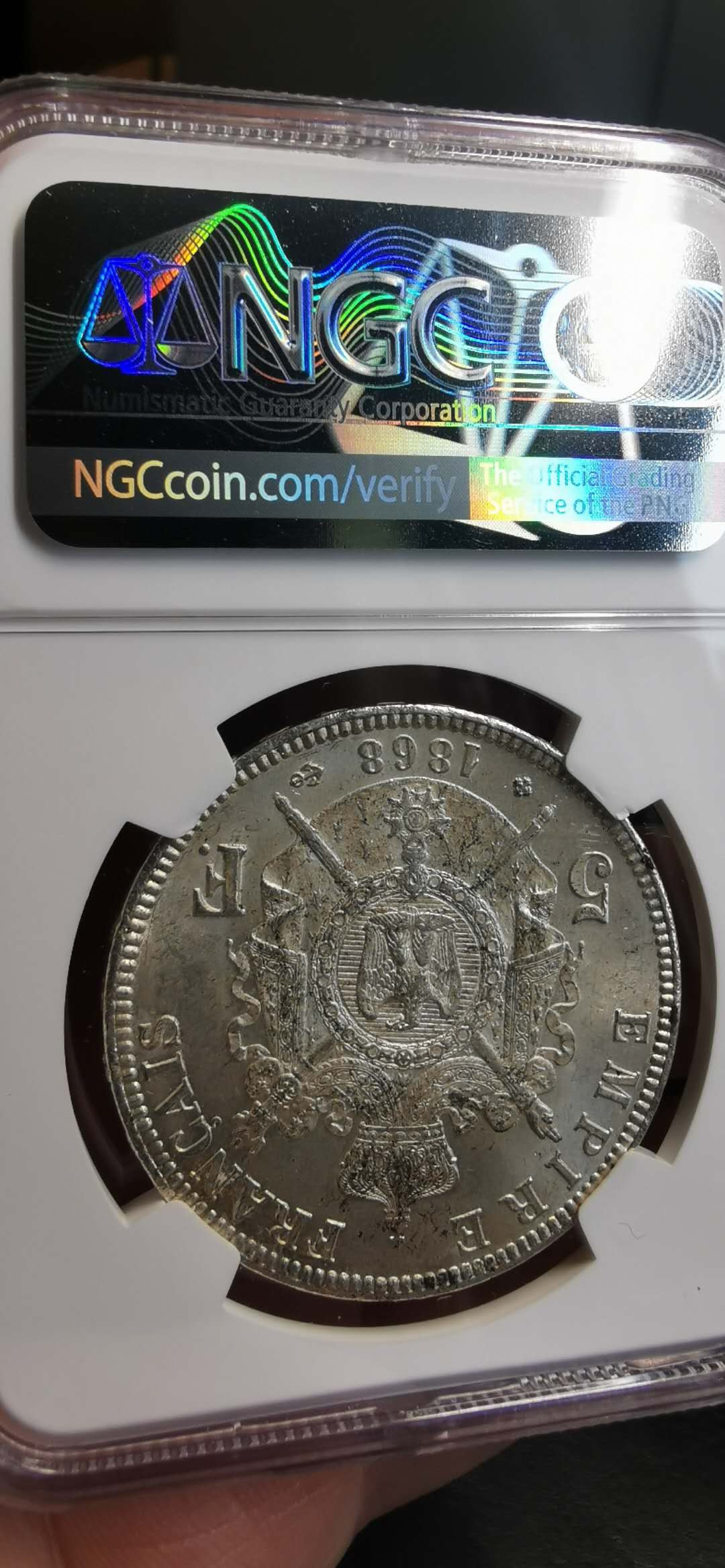 凡希社世界钱币微拍第一百五十六期 1868法兰西拿三5法郎大银NGC-MS62