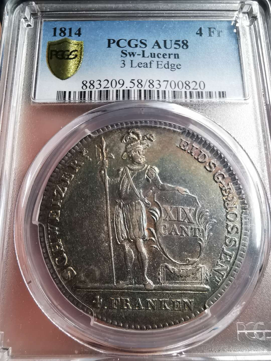 凡希社世界钱币微拍第一百五十六期 荐！1814瑞士卢塞恩4法郎大银PCGS-AU58深色包浆！