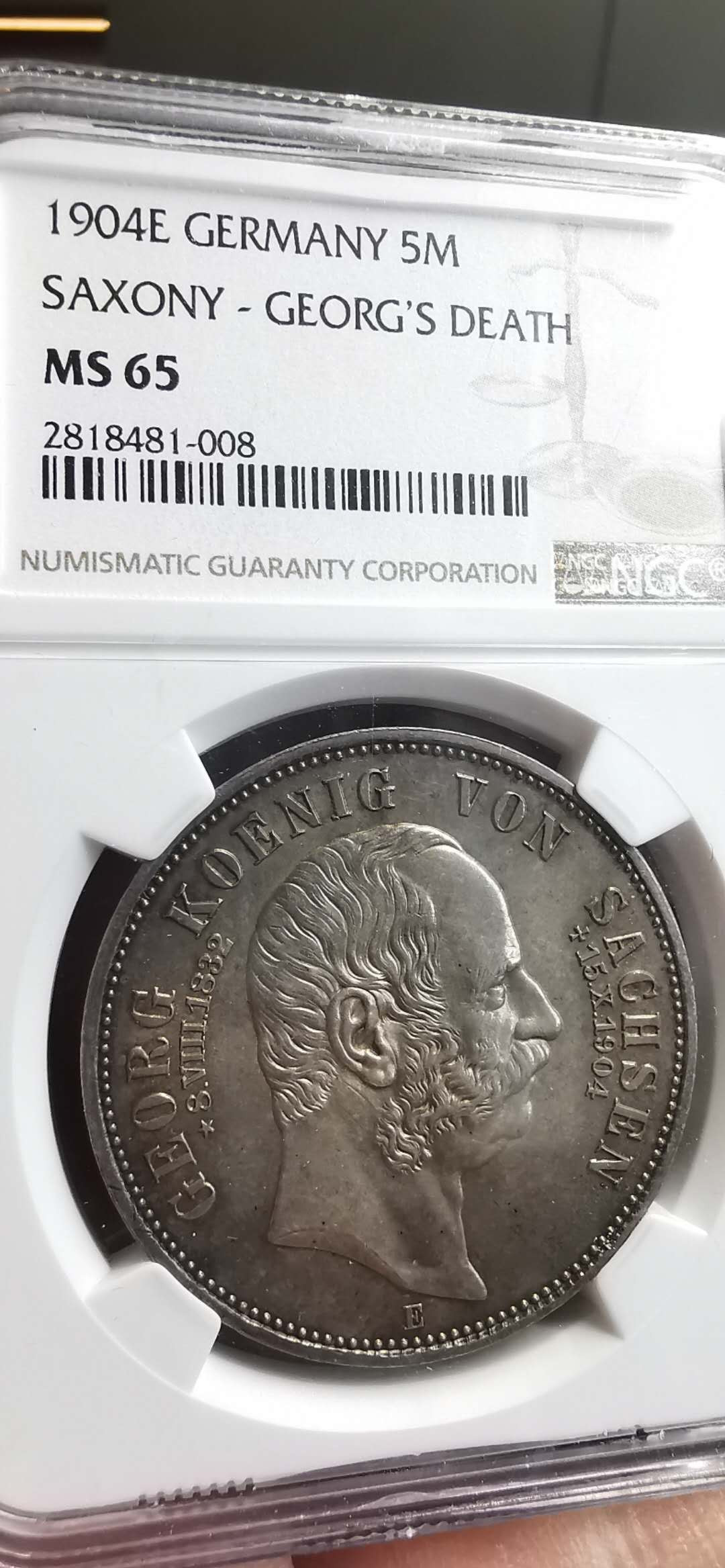 凡希社世界钱币微拍第一百五十六期 1904E萨克森5马克纪念大银NGC-MS65