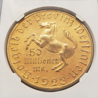 0起1加-纯粹捡漏拍-22场 - 德国威斯特法伦1923年5000万马克-GBCA-MS64