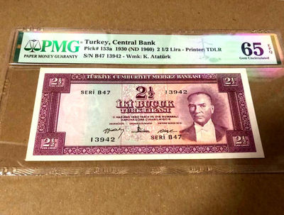 【Blue Auction】世界纸币精拍第85期——帕米拉古城遗址 （共95拍） - 土耳其 1930年2 1/2里拉 PMG65EPQ 绝品 稀少 底纹精美 土耳其第一任总统、国父穆斯塔法•凯末尔 中央银行大楼