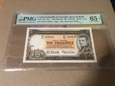 【Blue Auction】世界纸币精拍第86期——末代君主费萨尔II （共75拍） - 澳大利亚 1961-65年10先令 PMG65EPQ 英国探险家马修•弗林德斯