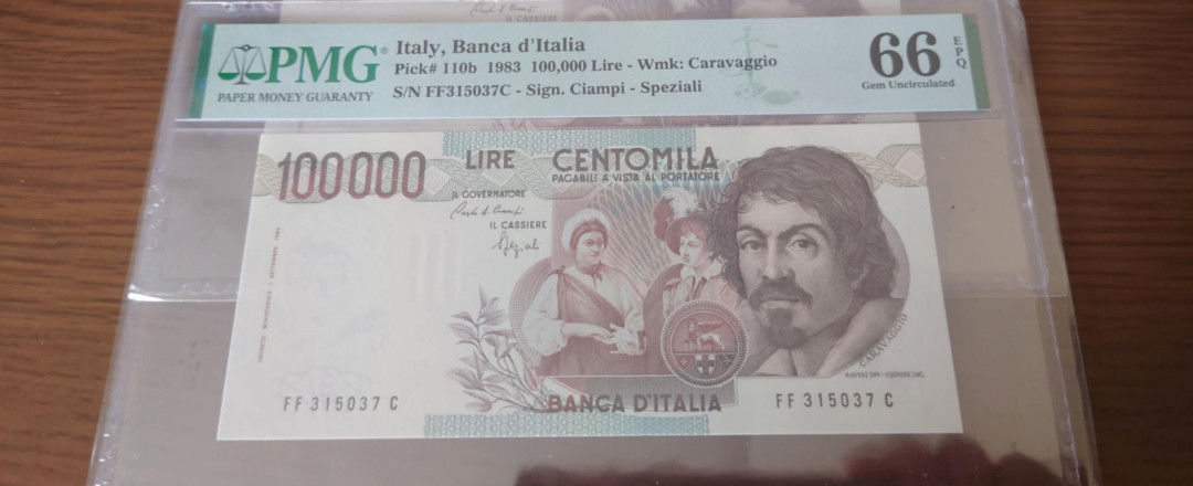 陆续更新【囧羊收藏】精选微拍第23期暨2021年第十四期 1983年意大利100000里拉 初版 PMG66E 尾号37