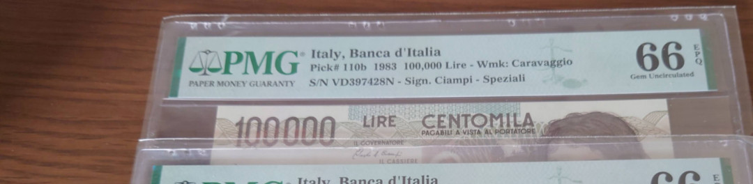 陆续更新【囧羊收藏】精选微拍第23期暨2021年第十四期 1983年意大利100000里拉 初版 PMG66E 尾号428