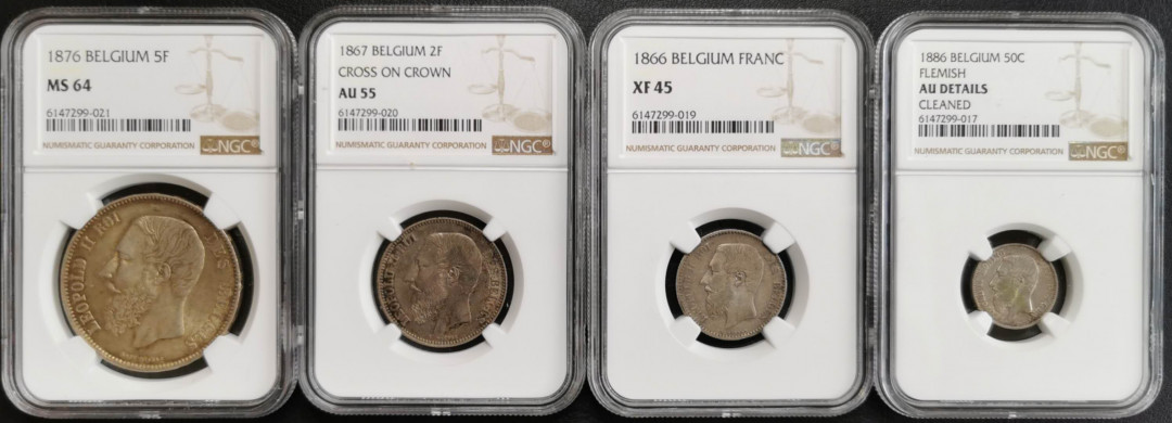 凡希社世界钱币微拍第一百五十七期 比利时利奥波德二世银币四枚套NGC-MS