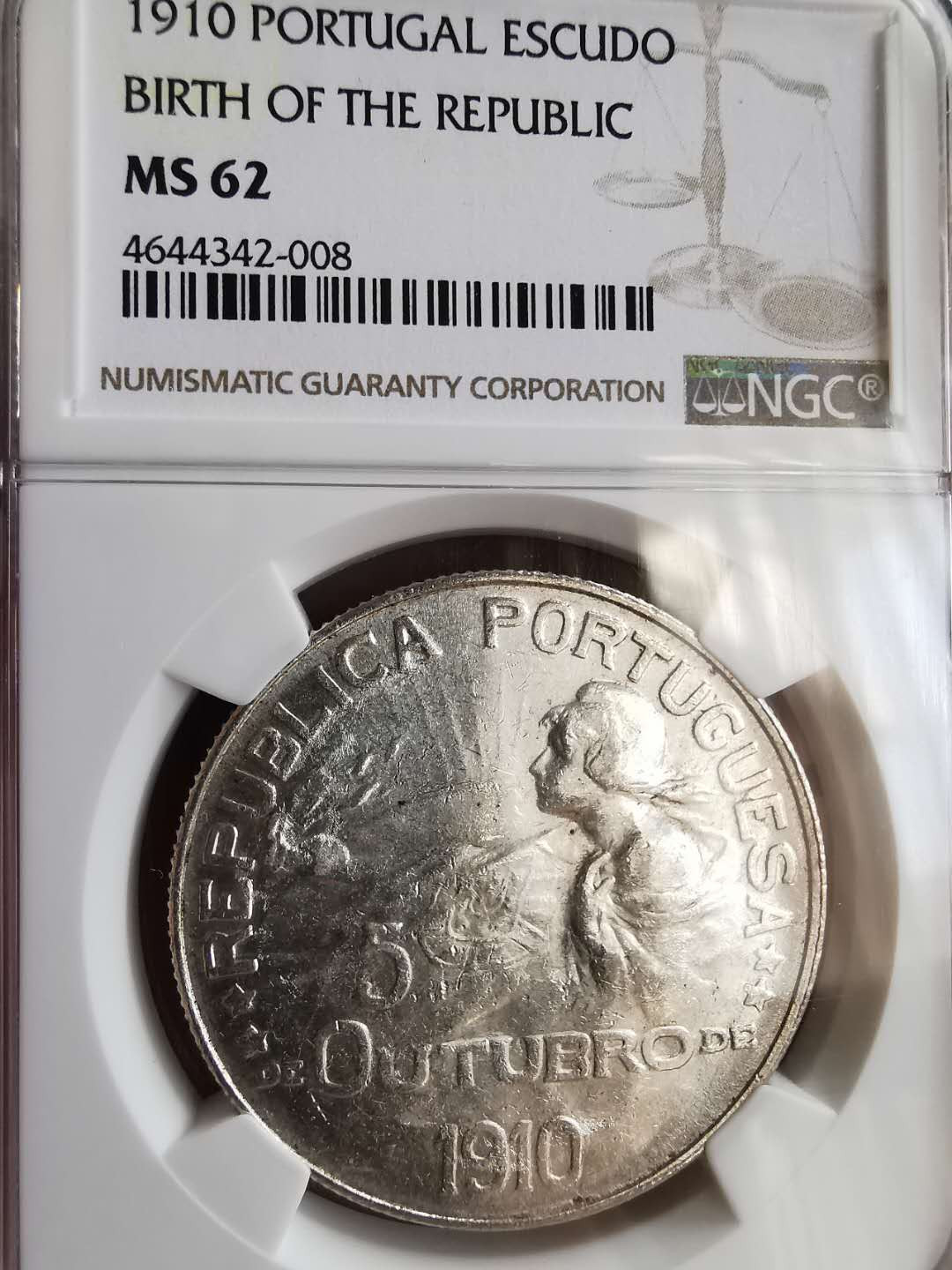 凡希社世界钱币微拍第一百五十七期 1910葡萄牙共和国建立埃斯库多大银NGC-MS62