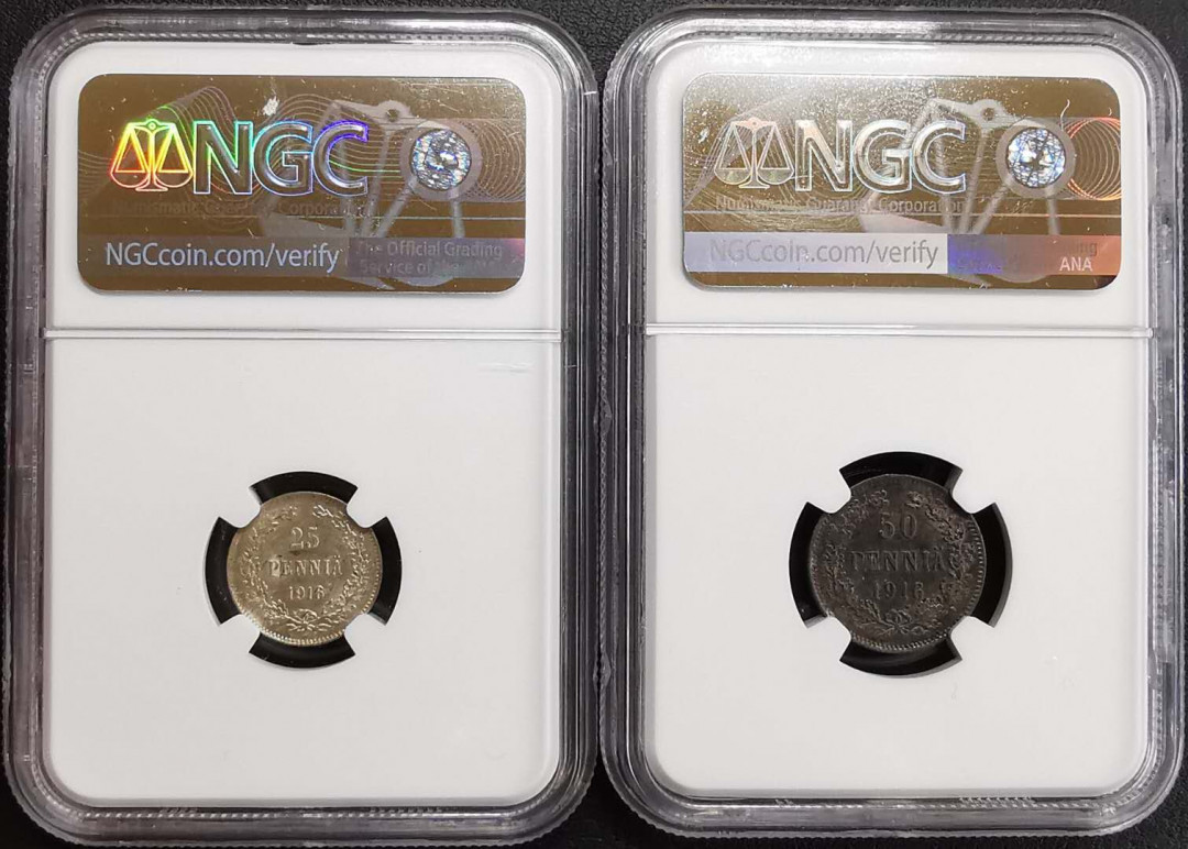 凡希社世界钱币微拍第一百五十七期 1916芬兰银辅币一对NGC-MS61