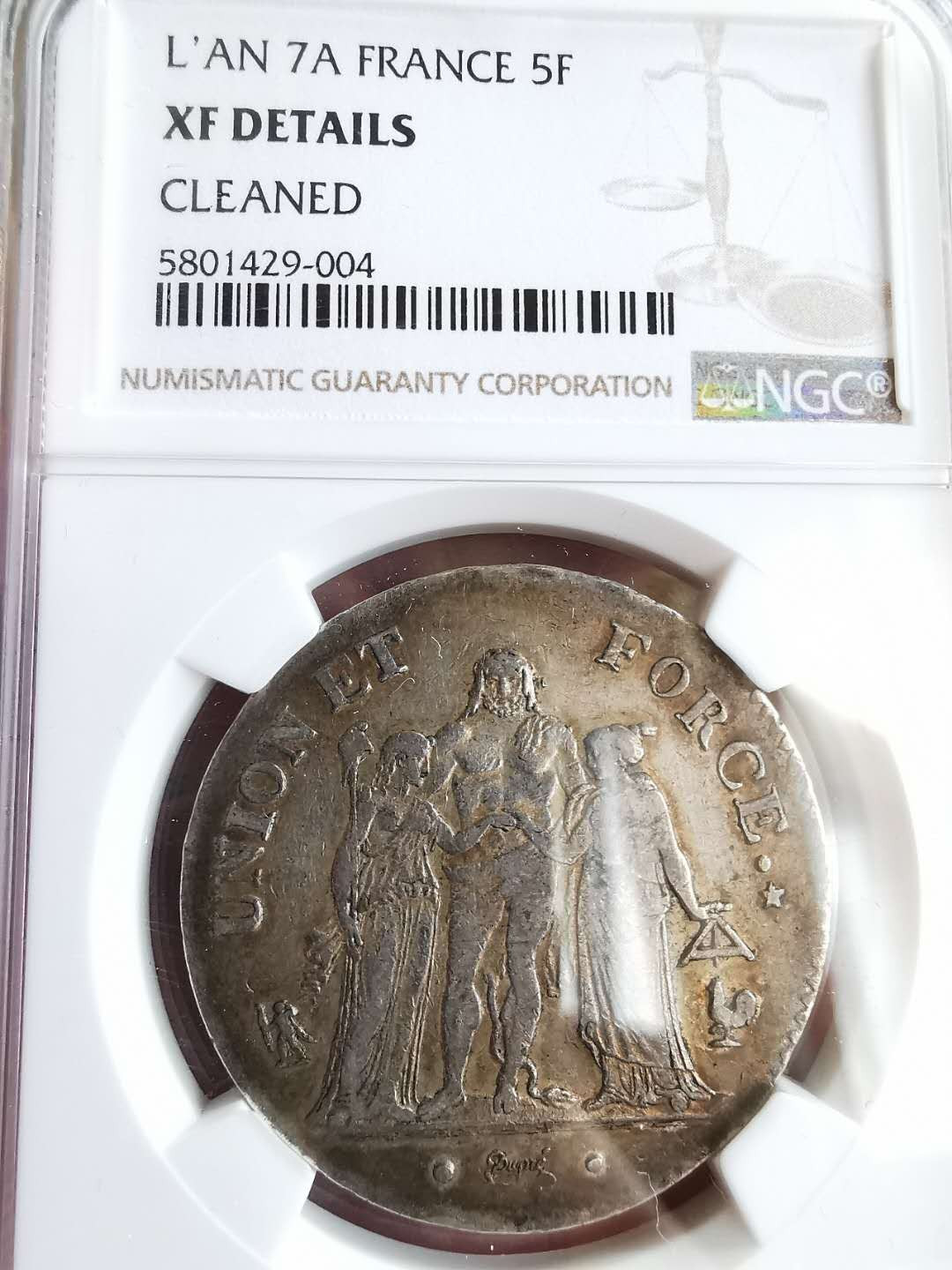 凡希社世界钱币微拍第一百五十七期 荐！共和7年法兰西5法郎大银NGC-XFD稀少品种！