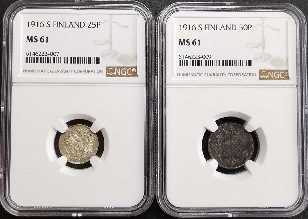 凡希社世界钱币微拍第一百五十七期 1916芬兰银辅币一对NGC-MS61