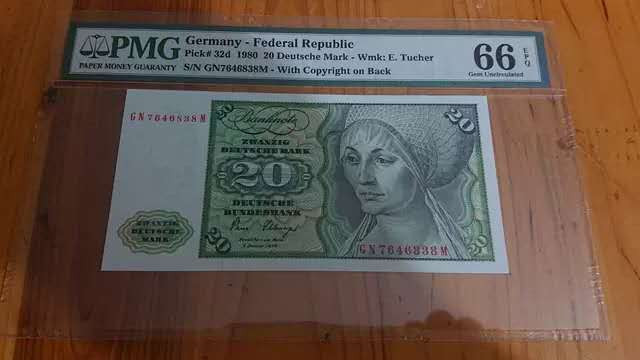 陆续更新【囧羊收藏】精选微拍第23期暨2021年第十四期 1980年德国20马克 PMG66E 尾号828