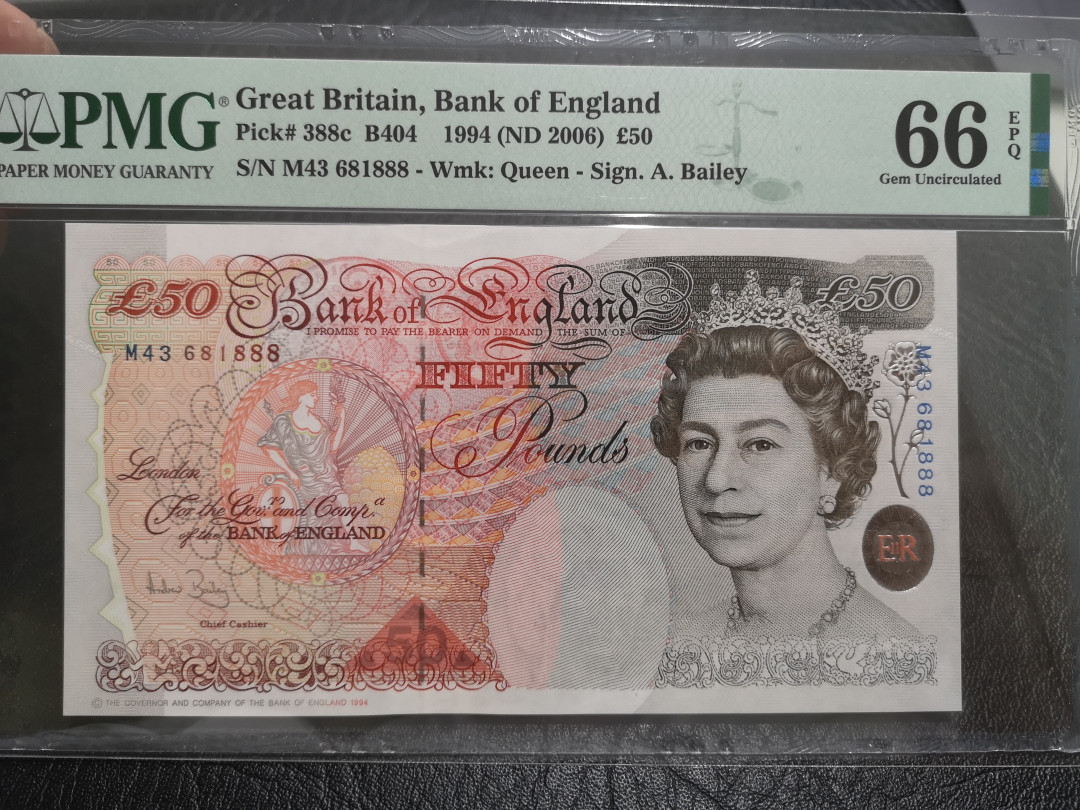 《外钞收藏家》第一百一十期拍卖 1994年英国E序列50镑 PMG66 888豹子号