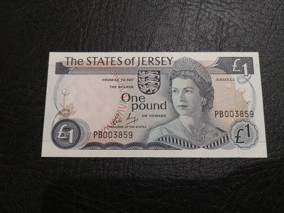 《外钞收藏家》第一百一十期拍卖 - 泽西1镑 精致小钞 3一859千位号 近全新 有个别潮点