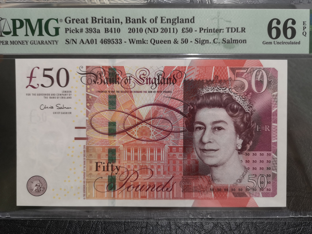 《外钞收藏家》第一百一十期拍卖 2010年英国F序列50镑 PMG66 AA01首发冠 
