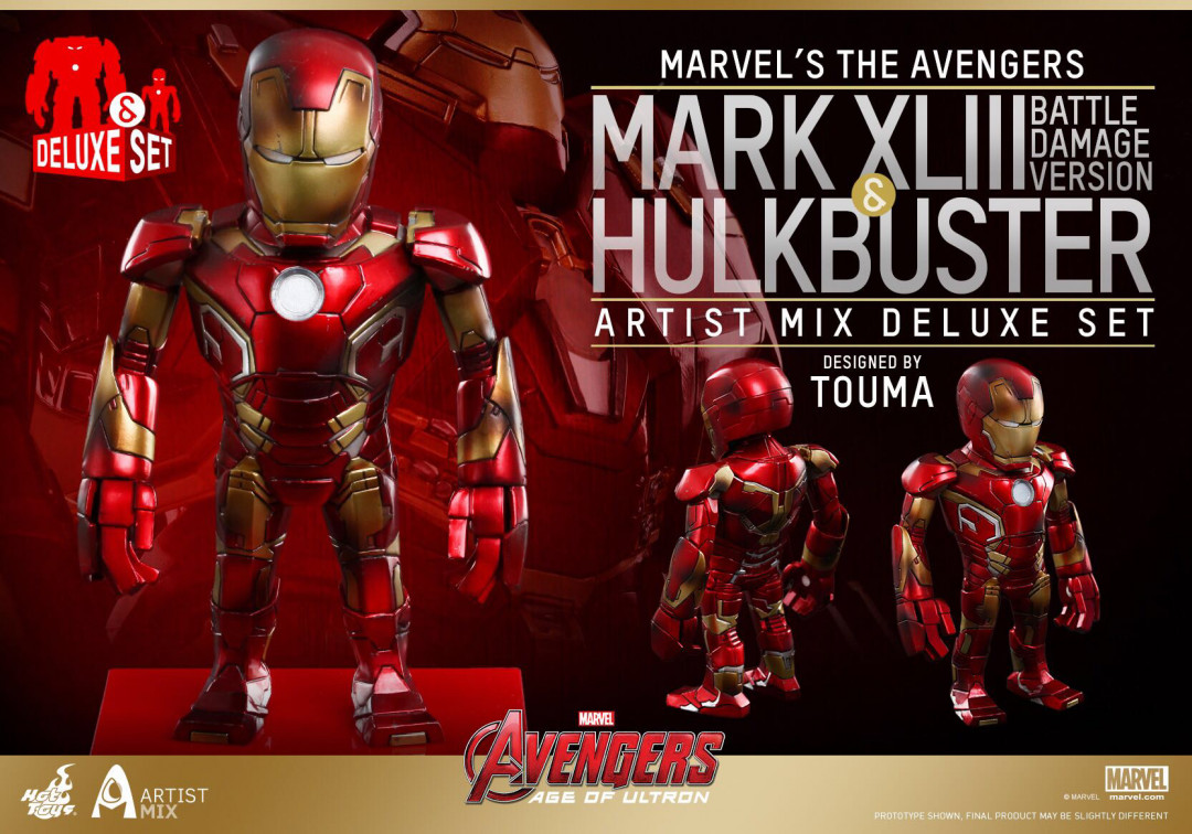 零元拍：Hottoys AMC007 反浩克Hulkbuster和钢铁侠MK XLIII (战损版) Artist Mix Figure尊贵套装，全新未拆。