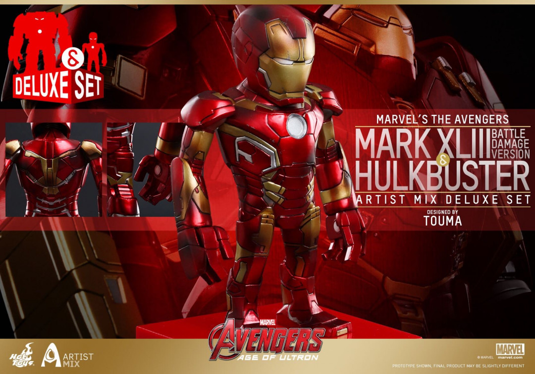 零元拍：Hottoys AMC007 反浩克Hulkbuster和钢铁侠MK XLIII (战损版) Artist Mix Figure尊贵套装，全新未拆。