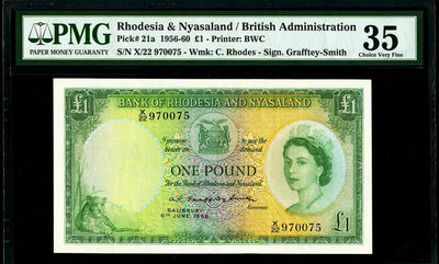 【Blue Auction】世界纸币精拍第88期——波斯波利斯遗址【精】（共80拍） - 罗德西亚和尼亚萨兰 1956-60年1镑 大津巴布韦遗址 大冠女王 性价比 非常漂亮 PMG35