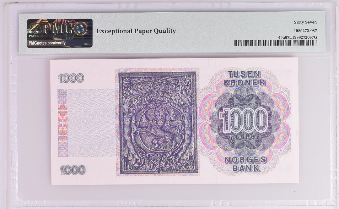 《张总收藏》25期—PMG67 1990年挪威1000克朗PMG67E全程无47