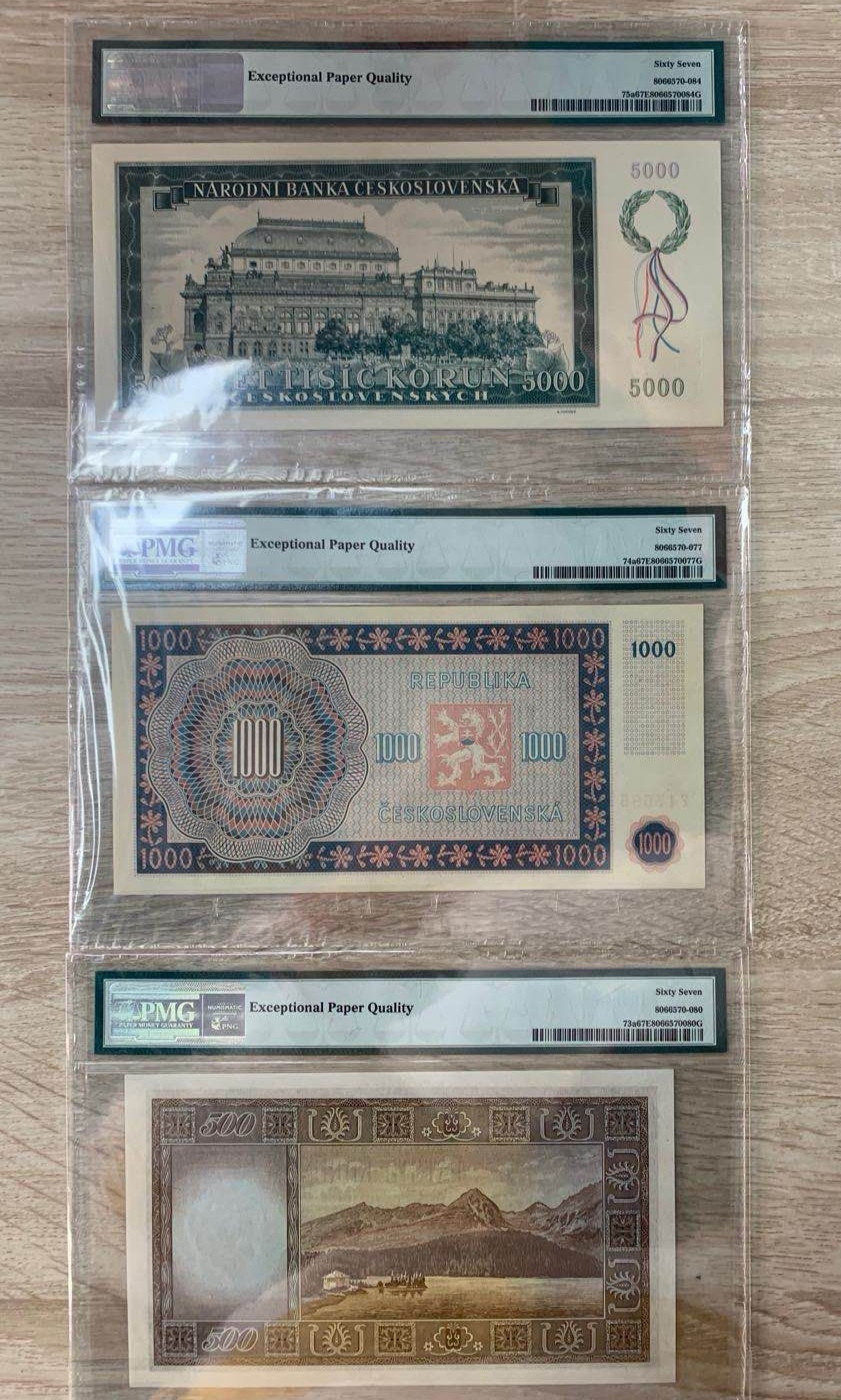 《张总收藏》25期—PMG67 1945年捷克斯洛伐克5000克朗PMG67E唯一冠军分，45年1000克朗PMG67E亚军分(冠军就1张)，46年500克朗PMG67E唯一冠军分，大全套非常稀少，未来升值前景无限