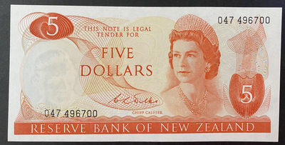 小福收藏拍卖第21期 外币裸钞场 本期有伯利兹首发 新西兰  巴哈马 开曼群岛等女王钞！ - 新西兰 1967-1981年 5 元 高冠女王双尾00 unc