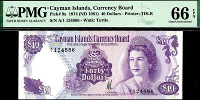 【Blue Auction】世界纸币精拍第90期—— 卡萨布兰卡（共85拍） - 【A1首发冠】开曼群岛 1974年 40元 奇特面值 PMG66EPQ 高冠女王 背面精美