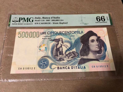 【Blue Auction】世界纸币精拍第91期—— 卡尔十四世·约翰（共100拍） - 意大利 1997年50万里拉 经典拉斐尔 PMG66EPQ