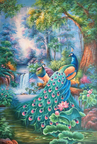 【鲸贝乐淘】千字文·第“贻厥嘉猷，勉其祗植”号拍卖·两拍包邮 - 【油画名家陈一茗真迹】：孔雀系列、凝望，规格60*90cm，由于油画作品特殊性作品可能出现褶皱、裂口、破边等现象，不属于作品质量问题，不影响装裱美观