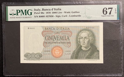 小福收藏拍卖第16期 外钞PMG评级币精选场 本期有冠军分首发年丹麦大蜥蜴 马来西亚1000林吉特 意大利初版哥伦布冠军分 多张高分罕见品种纸币！ - 意大利 1970年 5000 里拉 罕见早期哥伦布初版 PMG67E 冠军分！！！
