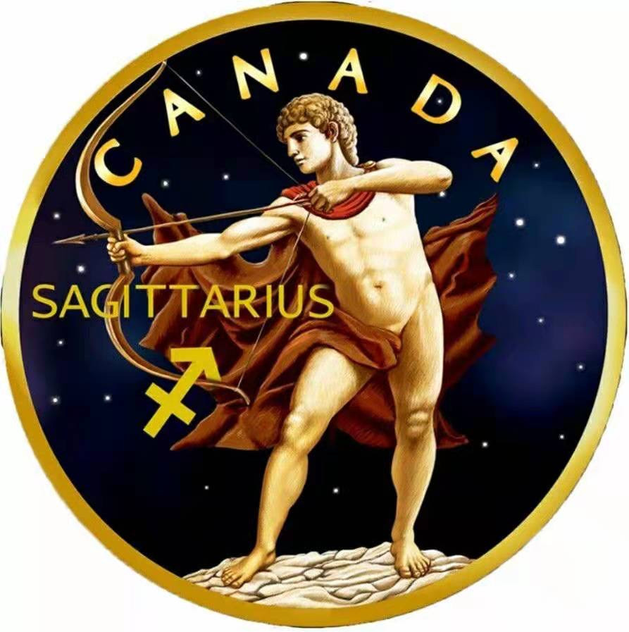 【币观天下】第149场钱币拍卖 加拿大2018年5元，1盎司，枫叶星座系列--十二星座之“射手座”，全方位镀24K金UV彩色万足银艺术银币