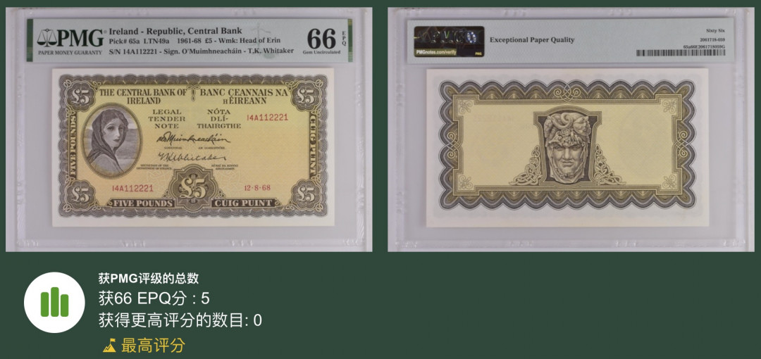 《张总收藏》28期—欧洲&豹子 爱尔兰5镑 PMG66E A序列 冠军分 1968年首签 P-65a 拉弗雷夫人