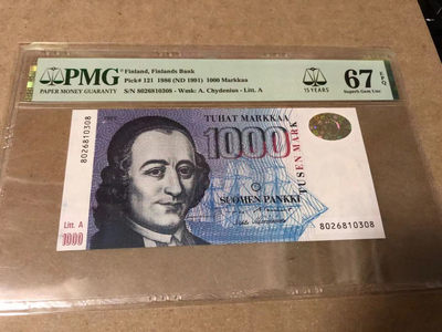 【Blue Auction】世界纸币精拍第94期—— 玩偶之家（共65拍） - 芬兰 1991年1000马克 PMG67EPQ 高分