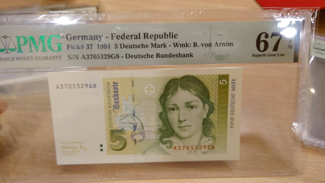 6.18专场全场免佣金低价起拍【囧羊收藏】第29期暨2021年第二十期微拍 评级币精选  1991年德国5马克 PMG67E高分 全新无4