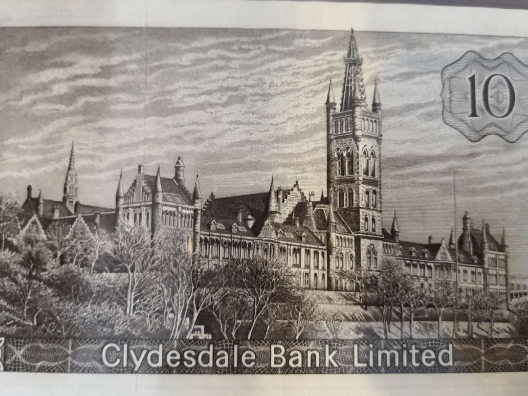 AZ纸币收藏第一次拍卖——格拉斯哥大学 苏格兰 克莱德斯戴尔银行 10镑 极其稀有 PMG50E 带E稀少 背面很有意境