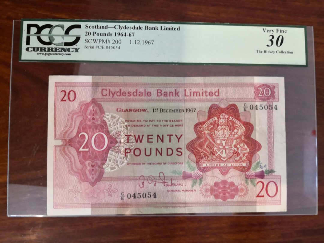 AZ纸币收藏第一次拍卖——格拉斯哥大学 苏格兰 克莱德斯戴尔银行 1964-1967 20镑 稀少 vf pcgs绿标30分