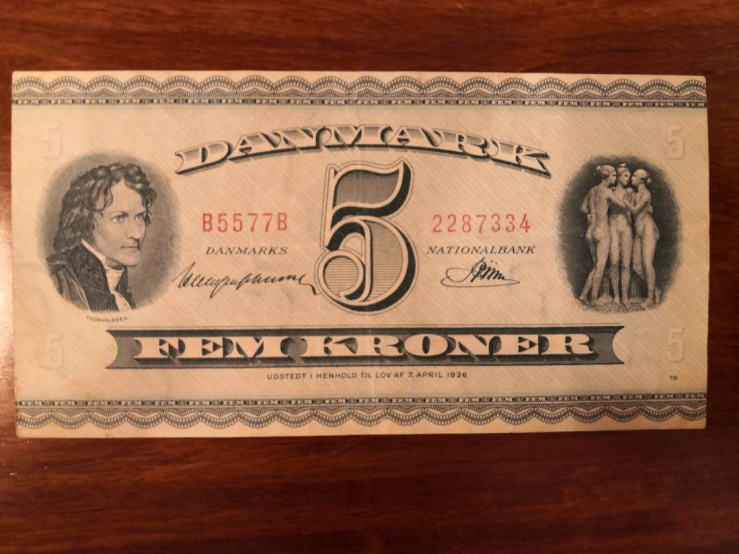 AZ纸币收藏第一次拍卖——格拉斯哥大学 丹麦 1936年 5克朗 三裸女 xf 稀少早期年份