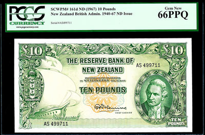 【Blue Auction】世界纸币精拍第96期——苏格拉底（共60拍） - 新西兰 1967年10镑 PCGS66EPQ 绝品 库克船长 双面雕刻 意境唯美 大票幅