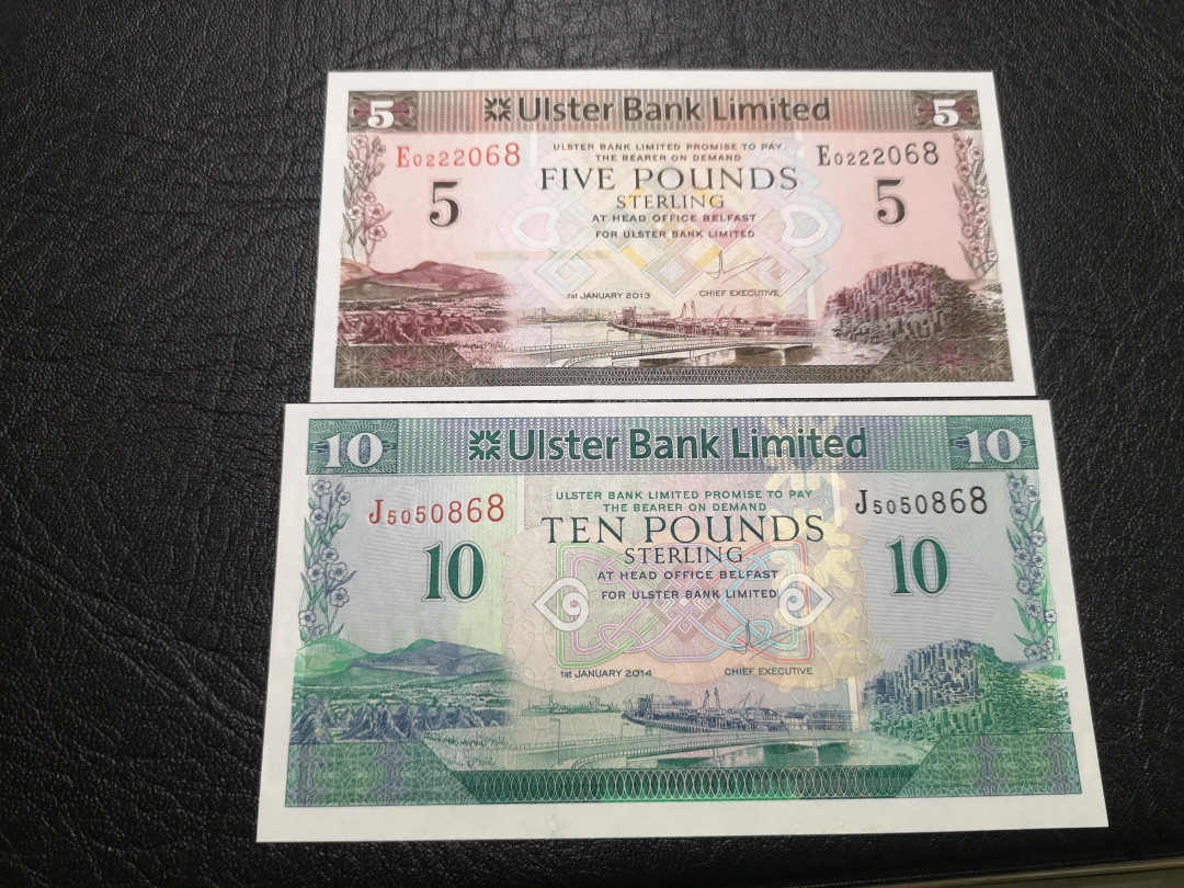 《外钞收藏家》第一百一十四期拍卖（共83拍） 阿尔斯特5、10镑 两张 尾8 号码非常好 全新UNC