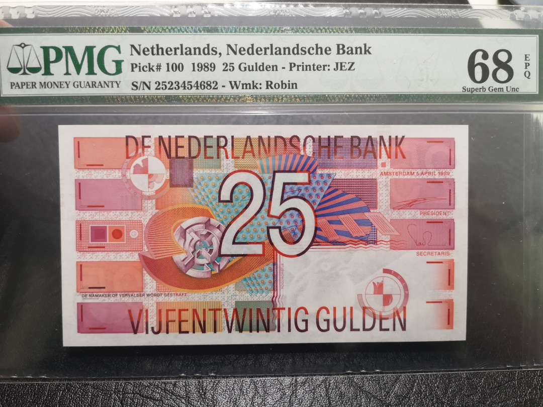 《外钞收藏家》第一百一十四期拍卖（共83拍） 1989年荷兰齿轮版25盾 PMG68