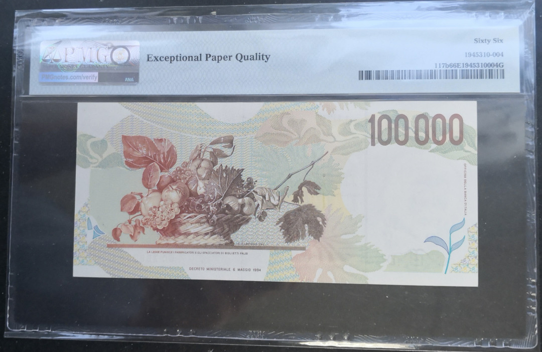 《张总收藏》29期—精品小场 1994年意大利100,000里拉PMG66E无4，卡拉瓦乔
