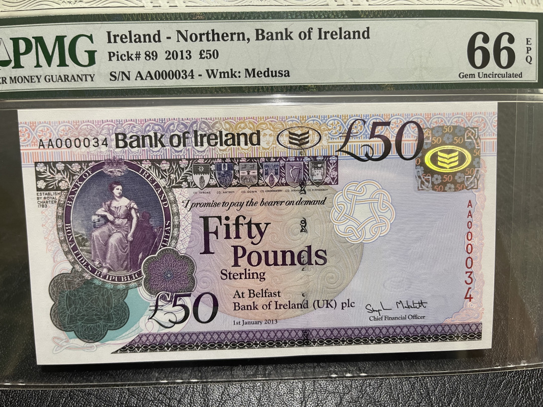 《外钞收藏家》第一百一十四期拍卖（共83拍） 2013年北爱尔兰50镑 PMG66 AA冠34号