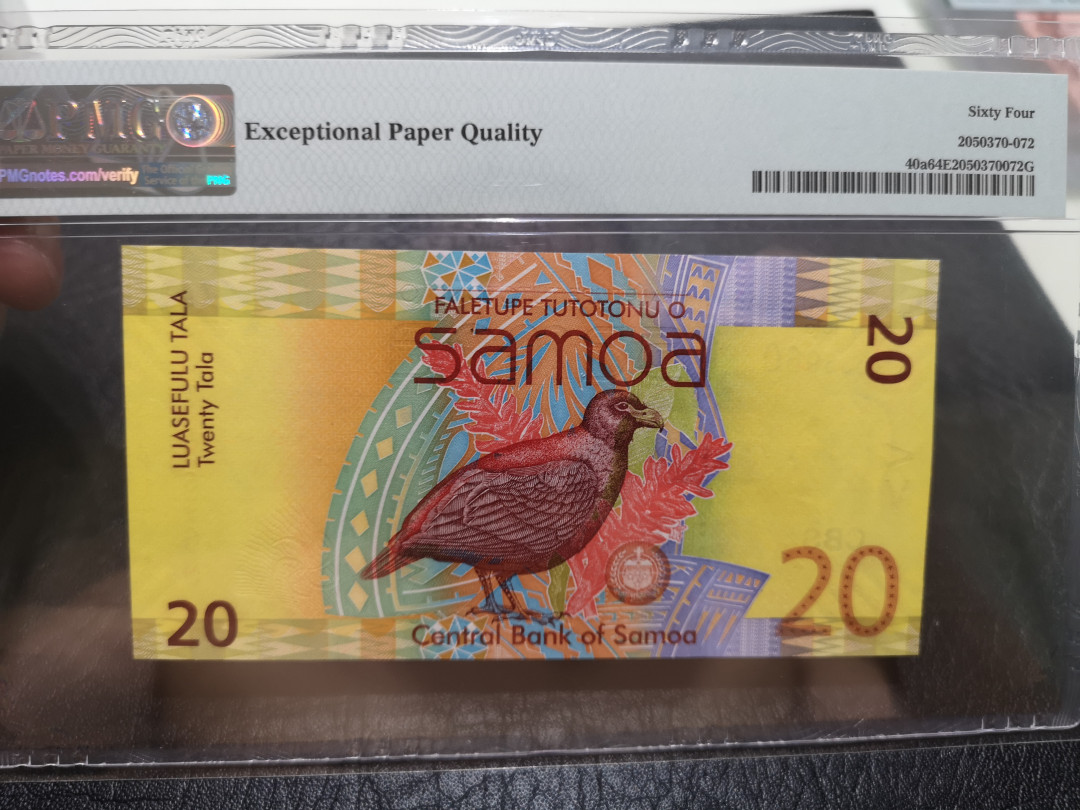 《外钞收藏家》第一百一十五期拍卖 2008年萨摩亚20 PMG64 这个版本评级难上分 64属于几个 获奖钞