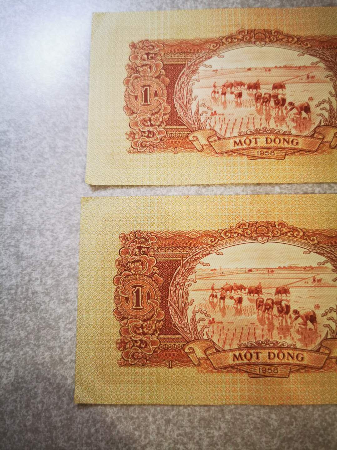 【鲸贝乐淘★自动结拍】千字文·第“欣奏累遣，戚谢欢招”号拍卖·两拍包邮 【中国代印★越南】1958年1盾三张，AUNC ，中间软折