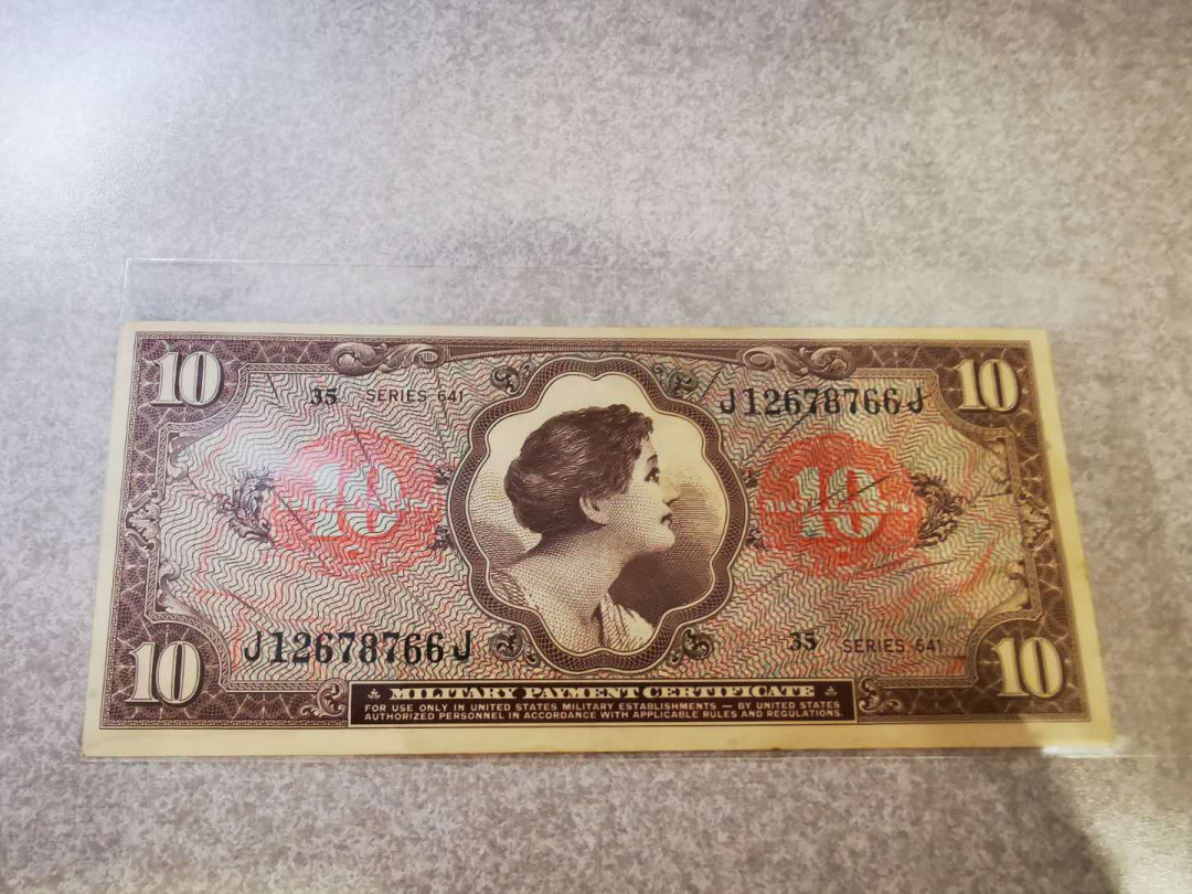 【鲸贝乐淘★自动结拍】千字文·第“欣奏累遣，戚谢欢招”号拍卖·两拍包邮 【越战美军军票】10元，流通好品，有中折