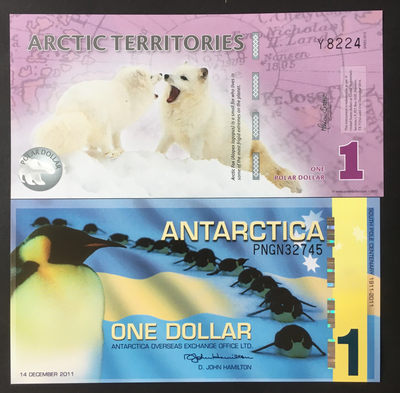 小福收藏拍卖第24期 外币裸钞场 本期有加拿大彩背50 索马里早期等精品！ - 南极洲 1 元+北极洲 1 元 商业塑料钞 unc