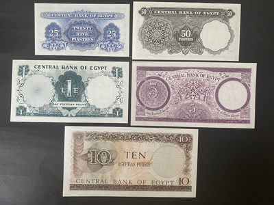 小福收藏团购第36期 埃及 1961-1967年 25 50 皮阿斯特 1 5 10 镑 少见的小面值蓝鹰黑鹰钞和大票幅图坦卡蒙法老钞