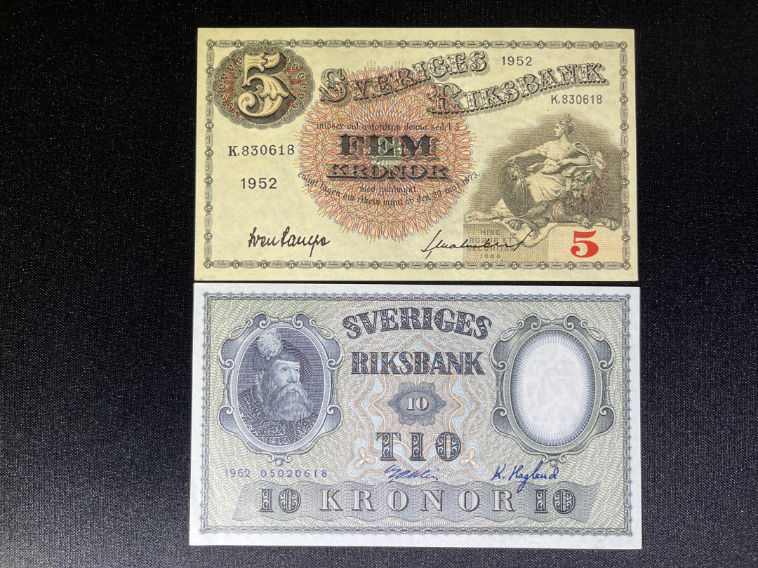 《张总收藏》30期—精品荟萃 瑞典老钞2张 无47尾4同0618 UNC 1952、1962年