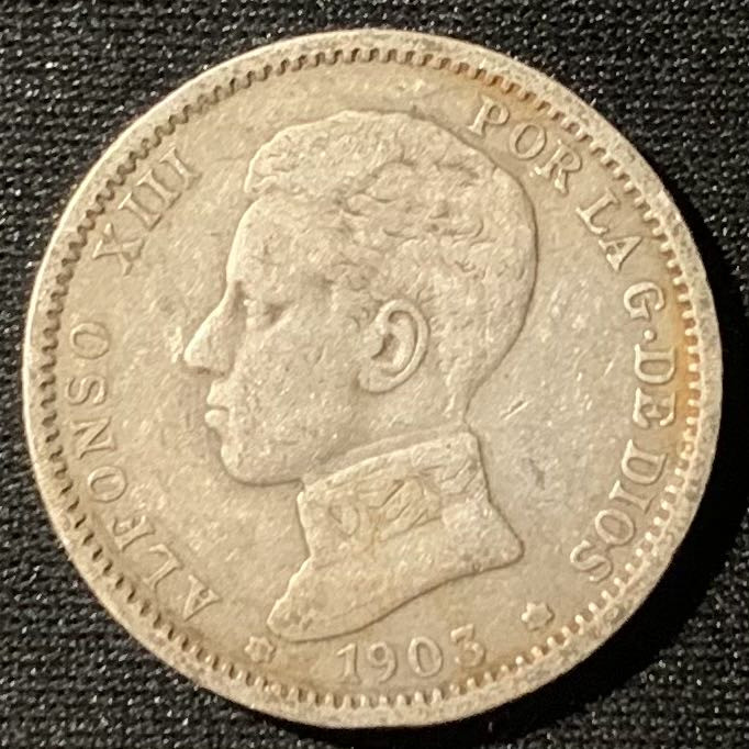 紫瑗钱币——第160期拍卖 西班牙 1903年 阿方索13世 少年头 1比塞塔 5克 0.835银