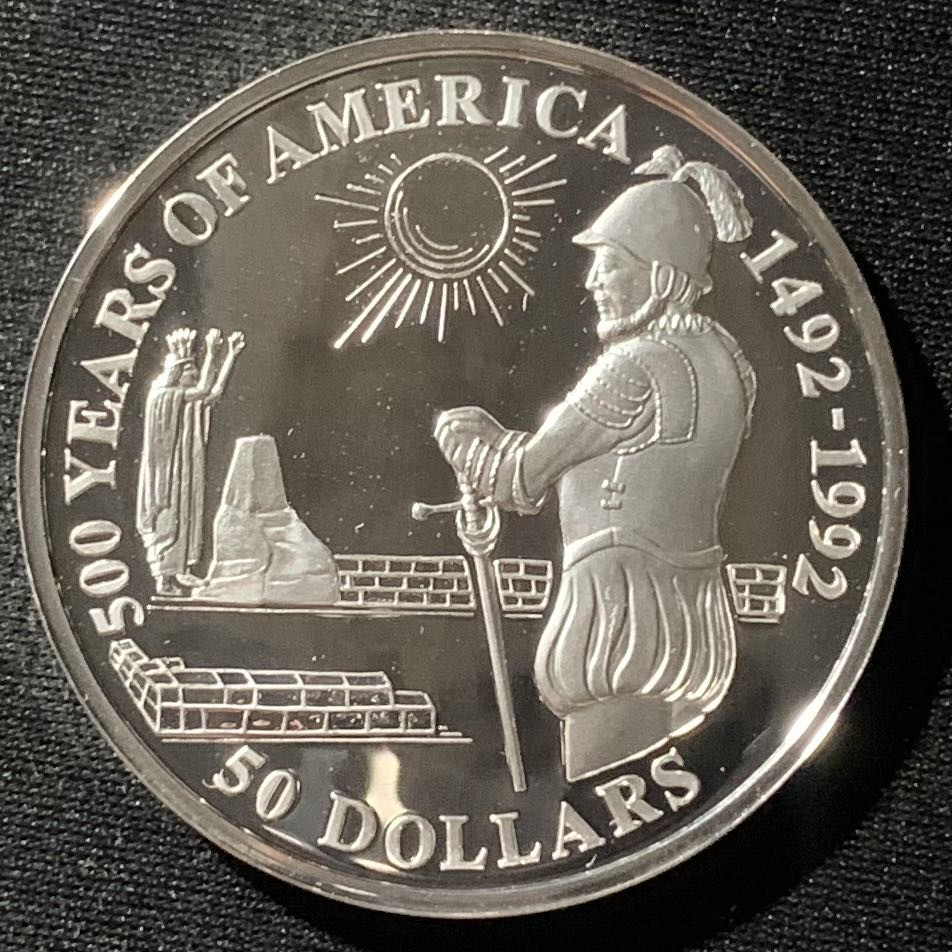 紫瑗钱币——第160期拍卖 库克群岛 1992年 发现美洲500周年 迭戈·德阿尔马格罗 50元 31.35克 0.925银 精制