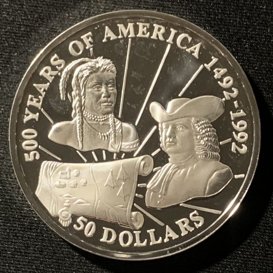紫瑗钱币——第160期拍卖 库克群岛 1993年 发现美洲500周年 威廉▪佩恩 50元 31.35克 0.925银 精制 